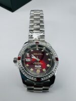 Silver Red Dial Day-Date Luxury Watch with Crystal Bezel & Ruby Accents - Image 2