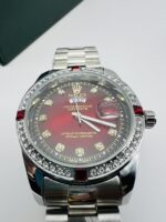 Silver Red Dial Day-Date Luxury Watch with Crystal Bezel & Ruby Accents - Image 3
