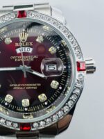 Silver Red Dial Day-Date Luxury Watch with Crystal Bezel & Ruby Accents - Image 6