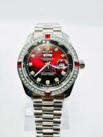 Silver Red Dial Day-Date Luxury Watch with Crystal Bezel & Ruby Accents
