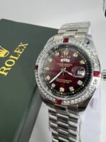 Silver Red Dial Day-Date Luxury Watch with Crystal Bezel & Ruby Accents - Image 4