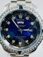 Luxury Diamond-Style Day-Date Watch with Blue Dial – Stainless Steel Executive Timepiece - Image 4